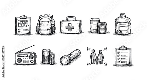 Emergency preparedness icon set. Disaster, survival tools icons in sketch style.