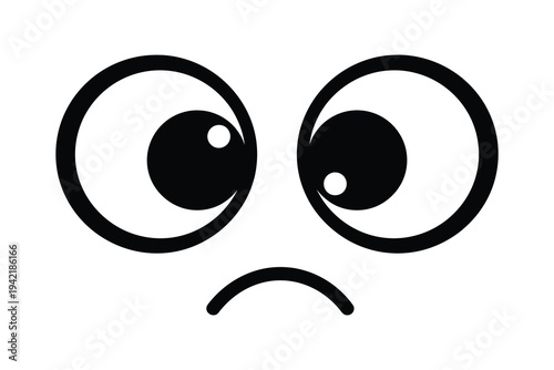 A sad face emoticon with large, expressive eyes and a downturned mouth, conveying a sense of disappointment, frowning, and melancholy in a simple, black and white vector illustration.