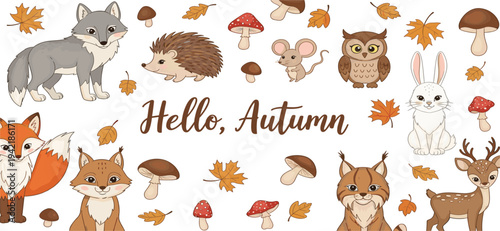 Hello Autumn Woodland Animal Collection with Fox Wolf Deer Hedgehog Owl and Forest Elements Vector Illustration