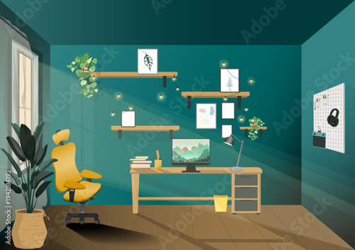 Workspace or home office of creative graphic designer, computer, table,  book, frame, desktop, lamp. with a lime light in the window and  plant house interior decoration. flat vector illustration