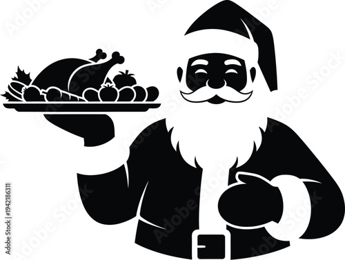 Jolly Santa Claus silhouette holding a festive platter of roasted turkey.