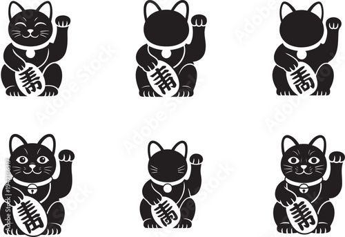 Traditional Japanese beckoning cat illustration symbolizing prosperity and luck for business or personal greeting card designs.