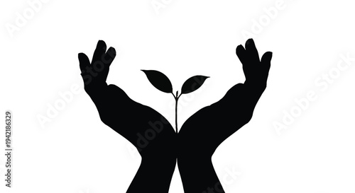Silhouetted hands gently cradle a delicate plant sprout, symbolizing growth, care,.