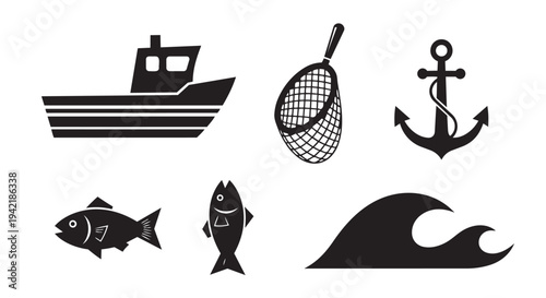 Collection of black fishing and sea icons including boat, net, anchor, fish, and wave symbols