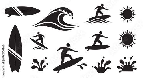 Surfing icons collection featuring surfers, surfboards, waves, and sun graphic elements in black silhouettes