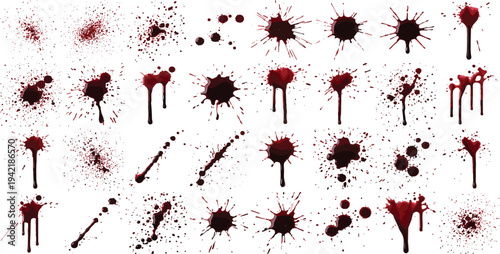 Red Blood Splatter and Drip Stain Collection with Horror Grunge Splash Effects Vector Illustration Set