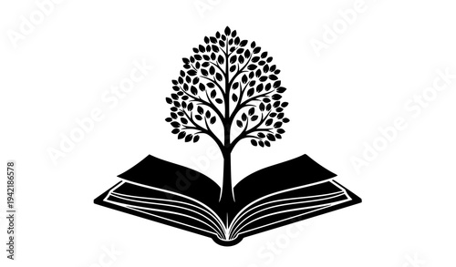 Minimal Open Book with Growing Tree Black Silhouette Vector Icon for Education and Knowledge Concept