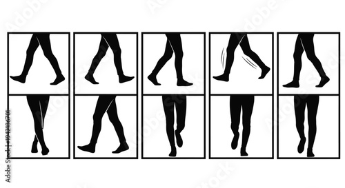 Human legs silhouette sequence illustrating walking motion in multiple distinct frames.