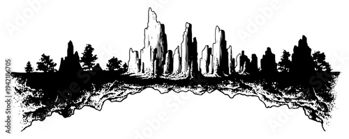 Detailed monochrome hand drawn landscape illustration with rocky spires and forest trees