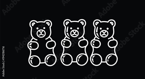 Three white outline gummy bears are horizontally aligned on a plain dark black.