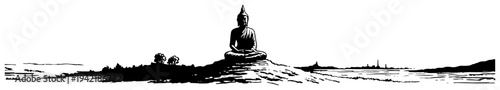 Minimalist black and white hand drawn landscape with a seated buddha statue silhouette