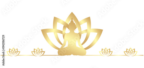 Illustration of golden silhouette of lord buddha meditating with lotus