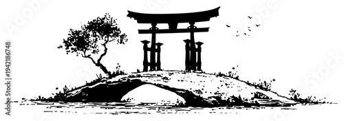 Japanese torii gate on a small island with a bonsai tree in traditional ink wash style