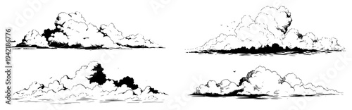 Collection of hand drawn fluffy clouds in manga and anime sky illustration style