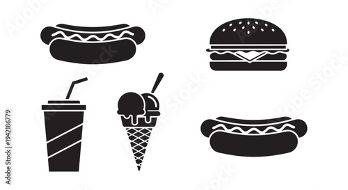 Fast food icons set including hotdogs burgers ice cream and soft drinks in black silhouette style