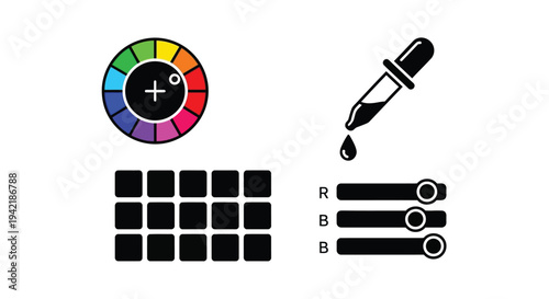 Graphic design elements for color selection and adjustment software features are.