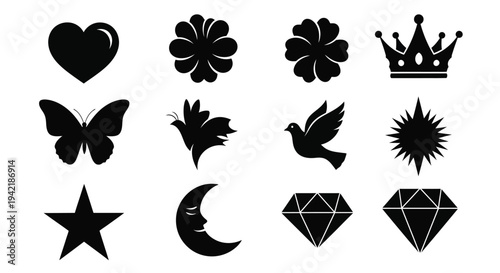 Assortment of black silhouette icons includes heart, flower, dove, crown, and star.