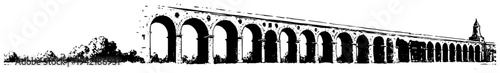 Detailed hand drawn black ink illustration of a long stone aqueduct with arches