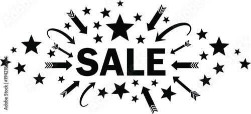 Bold promotional text announces a major sale event surrounded by dynamic stars.