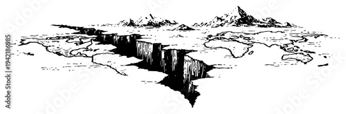 Conceptual world map illustration with a giant canyon rift splitting the continents