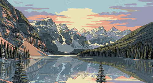 Serene mountain landscape with a lake reflecting trees and snow-capped peaks under a colorful sunset sky with warm hues.