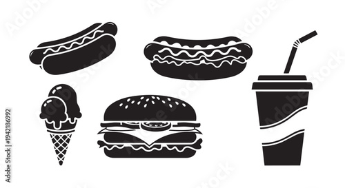 Fast food icons set including burgers, hotdogs, ice cream, and beverage graphic illustrations