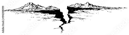 Hand drawn sketch of a deep ground fissure separating cliffs with distant mountains