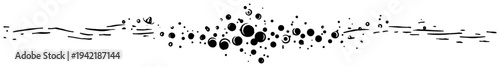 Minimalist black and white ink drawing of small bubbles or cells scattered along a horizontal ground line
