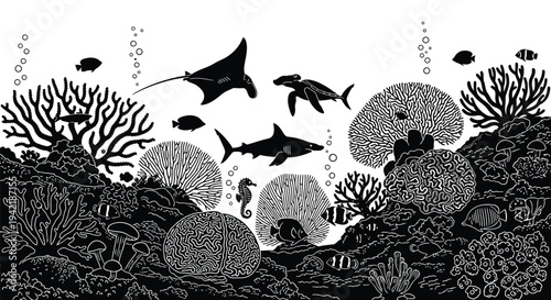 Marine life silhouettes showcase manta ray, shark, turtle, and seahorse in coral reef.