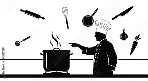 Chef silhouette points at cooking pot surrounded by floating kitchen implements.