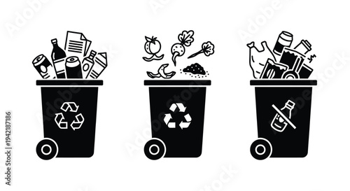 Three rolling trash bins show sorting categories for general waste, organic food.