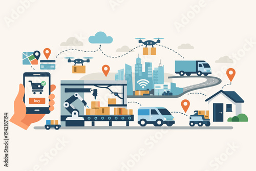 Smart logistics and automated delivery network illustration with online shopping on a smartphone, robotic warehouse, drones, trucks, and autonomous robots delivering packages to a city house.