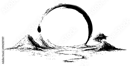 Zen style hand drawn landscape with mountains a lonely tree and a large enso brushstroke circle