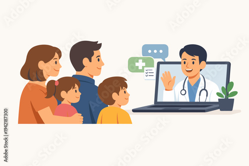 Vector Illustration of a Family Doctor and a Couple with Children Chatting with a Physician via Internet Video Call on a Laptop for Telemedicine, Remote Healthcare, and Digital Medical Advice