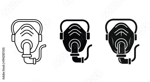 Three respirator masks show line art, filled, and detailed styles for breathing.