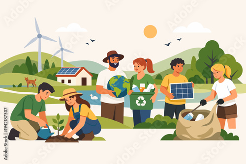 People cooperating for environmental protection in a green rural landscape with wind turbines, solar panels, recycling, planting trees, and cleaning up trash for a sustainable future vector.