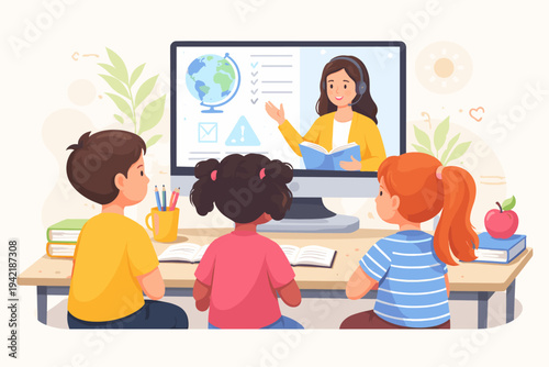 Children sitting at a desk watching a female teacher on a computer screen during an online class, flat vector illustration of distance education, virtual classroom, and e-learning concept.