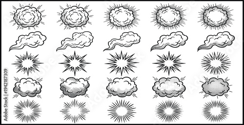 Vintage Comic Cloud and Sunburst Collection with Retro Explosion Smoke and Radial Burst Vector Illustration Set