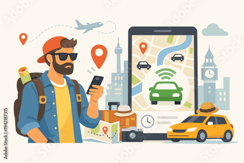Hipster traveler with backpack and sunglasses using a mobile app to book a car sharing service or taxi in a city with landmarks like Big Ben, featuring a map, luggage, and a yellow vehicle.