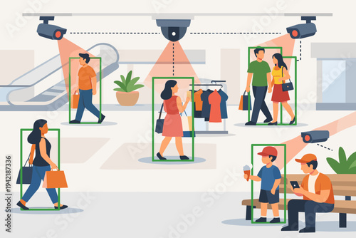 Flat vector illustration of a shopping mall with security cameras using facial recognition and AI tracking to monitor customers, shoppers, and public safety in a retail environment concept.