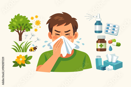 Vector illustration of a man sneezing into a tissue with seasonal allergy symptoms, featuring environmental triggers like pollen, grass, and bees, plus medical treatments like nasal spray and pills.