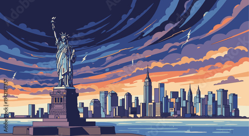 Pixel art illustration of the Statue of Liberty standing tall on Liberty Island with the Manhattan skyline in the background during a stormy sunset.
