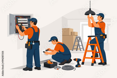 Professional electricians team working on home electrical system, checking fuse box with multimeter, installing wall sockets, and changing light bulbs on a ladder in a new house renovation.