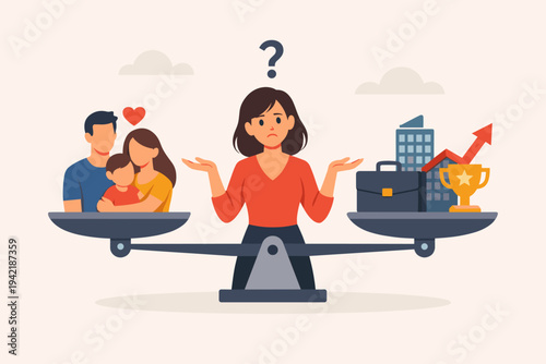 Work-Life Balance Concept: Woman Balancing Family and Career on a Scale Illustration, Professional Success vs Personal Life, Choosing Between Job Growth and Happy Family, Flat Vector Design