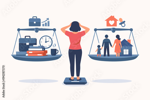 Vector illustration of a stressed woman standing on a scale, trying to balance a busy professional career with family life and home responsibilities, depicting the challenge of work-life balance.