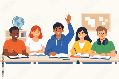Diverse Group of International Students Sitting at Desks in a Classroom, One Boy Raising Hand to Ask Question, Multicultural Teenagers Studying Together, Flat Vector Illustration for Education.