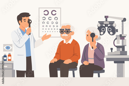 Professional Ophthalmologist Doctor Testing Eyesight of Senior Patients with Vision Problems. Vector Illustration of Elderly Couple Having Eye Exam with Eye Chart and Optometry Equipment.