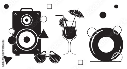 Summer vacation elements set with speaker sunglasses and cocktail illustration