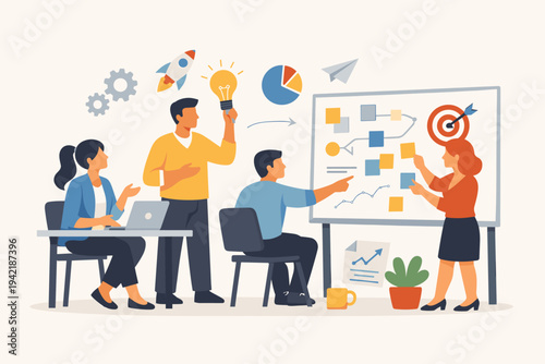 Business team brainstorming new ideas and strategic plans in a modern office. Flat vector illustration of diverse colleagues working together with whiteboard, sticky notes, and creative icons.