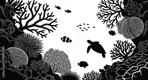 Silhouette of sea turtle swims among stylized coral reefs in a bright underwater scene.